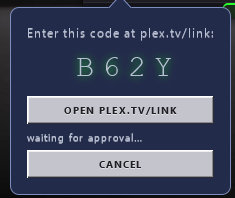 EasyAmp's Plex link popover showing a 4-character code to enter at plex.tv/link