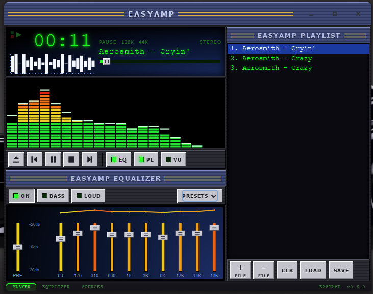 EasyAmp on Windows playing a track streamed from a Plex server, with the playlist and EQ active