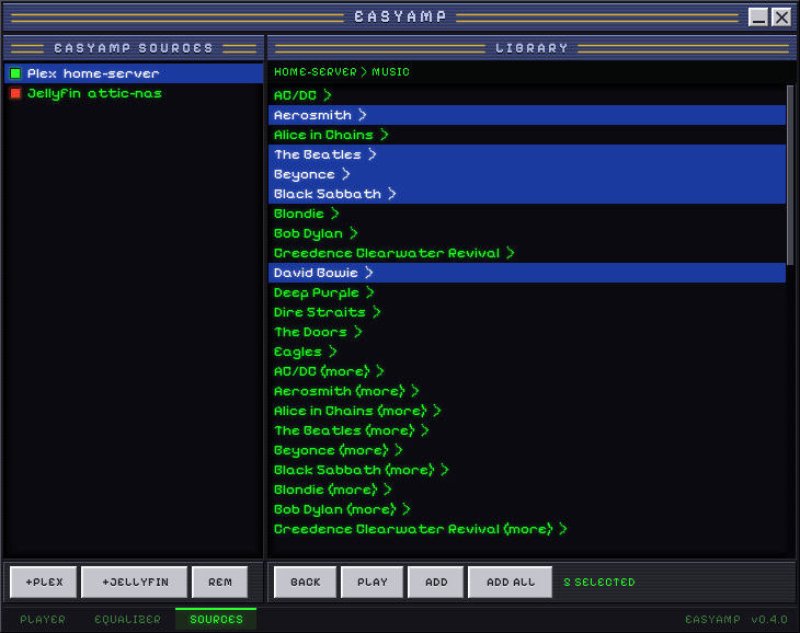 EasyAmp Retro browsing a media server library with several artists selected