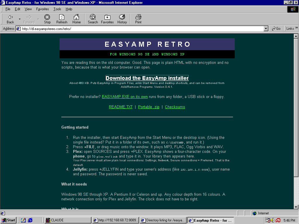 Internet Explorer 5 on a Windows 98 SE desktop showing the plain EasyAmp Retro download page at dl.easyampstereo.com/retro