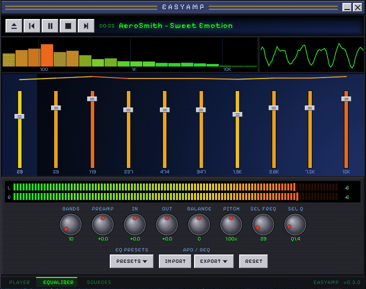 EasyAmp Retro equalizer page captured on a real Windows 98 SE machine in 256 colours