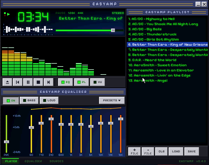 EasyAmp Retro player page on Windows XP with a playlist streamed from a media server